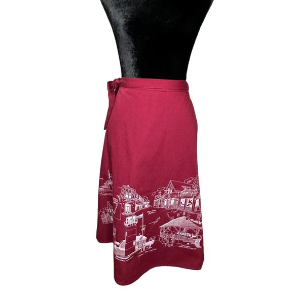 Quahog Hollow Skirt Womens XS Maroon Berry Midi Aline Wrap Tourist Sketch - Picture 1 of 11